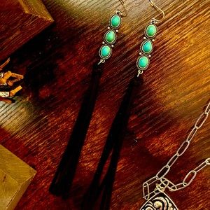 Sassy Cowgirl Turquoise With black Tassels Earrings
